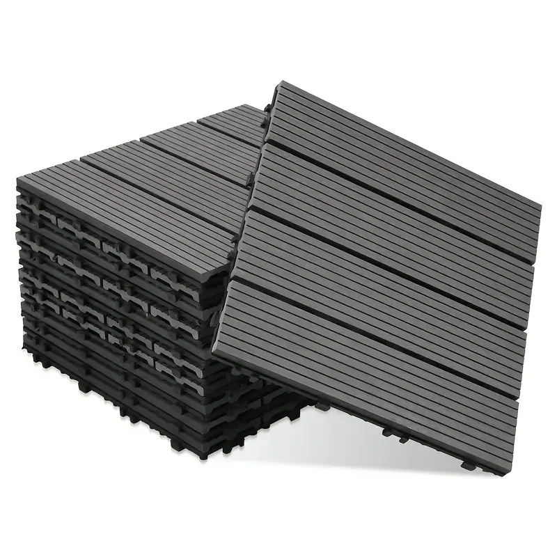Conjunto de 11 Peças de Piso Retangular Imitação de Madeira, Piso para Terraço, Azulejo para Jardim, Conjunto de Azulejos Click com Sistema de Drenagem, Antiderrapante, Durável