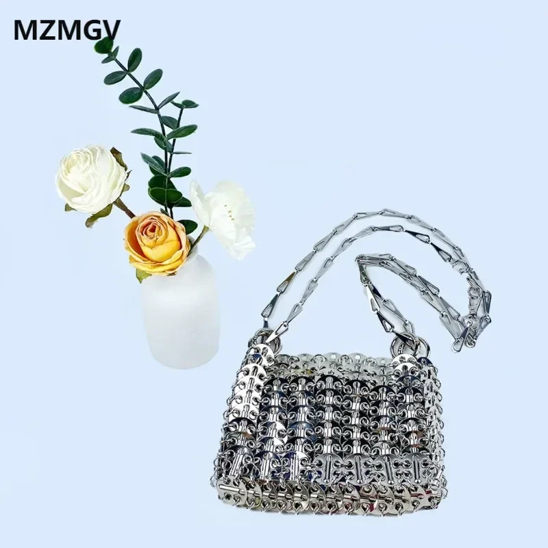 

2025 New Arrivals Silver Metallic Sequined Woven Handmade Bag Wedding Party Clutch Purse Shiny One Shoulder Crossbody Bag