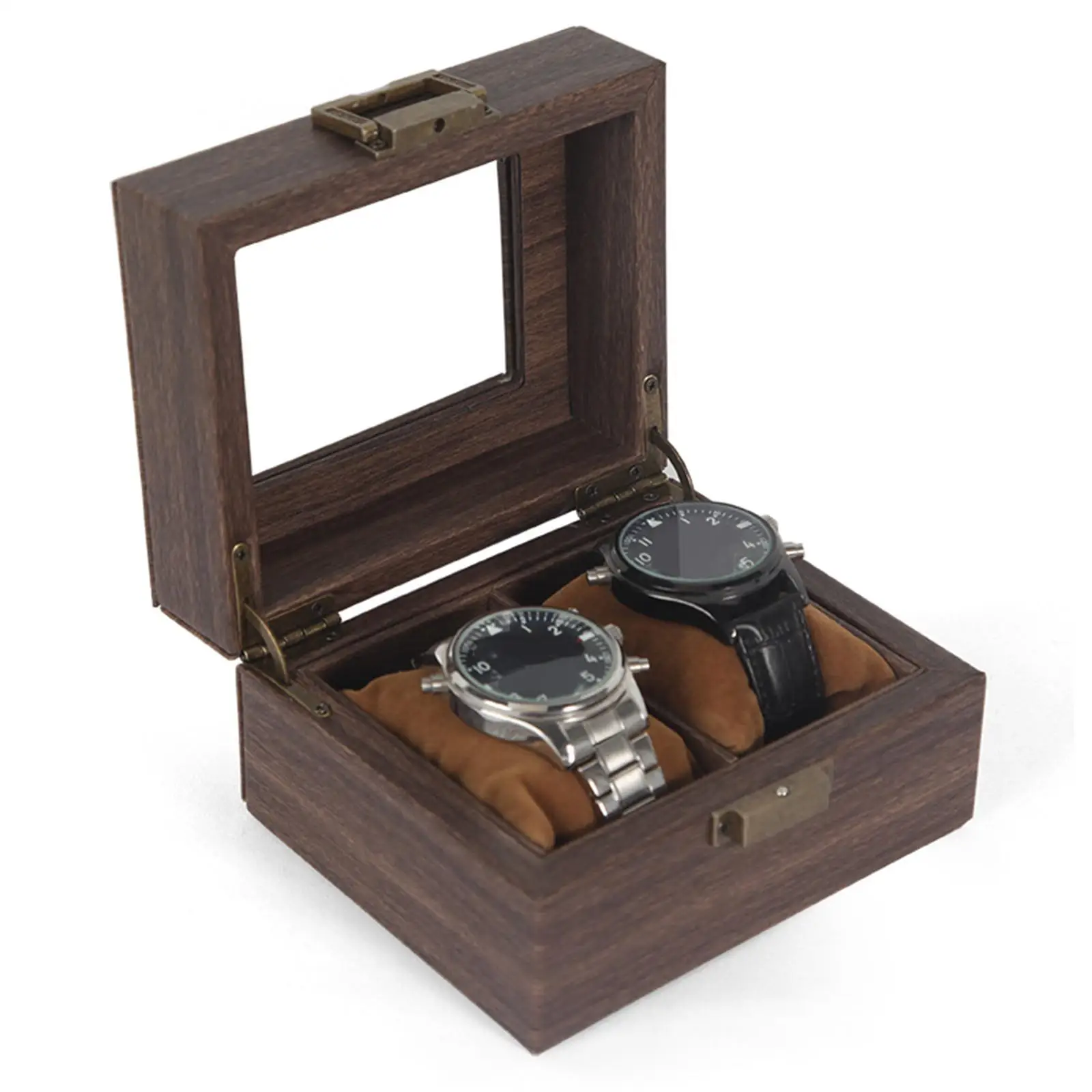 Watch Display Case and Lock Portable W/, Wood, 2 Slot ,Jewelry Organizer Storage Box ,for Gifts, Men Women