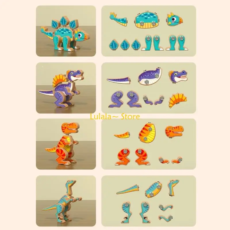 Y4QA Wooden Dinosaur Puzzle Building Set For Kids Age 3-8 Educational STEM Toy For Fine Motor Skills & Creative Play
