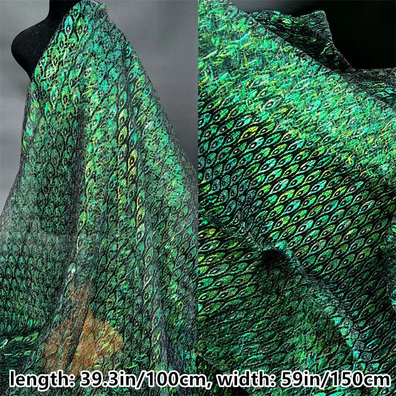 Glitter Mesh Fabric Peacock Feather Print Gauze Shimmer Fabric Laser Lace Clothing Sewing Material DIY Skirt Dress Hanfu Cloth