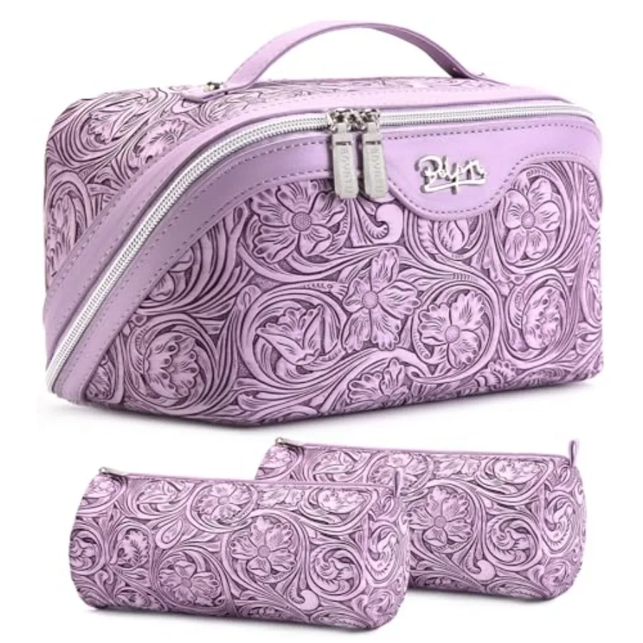 

Travel Makeup Bags Cosmetic Organizer Bag: 3 Pcs Set Large Capacity Floral Make up Bag with Compartments - Waterproof Leather T