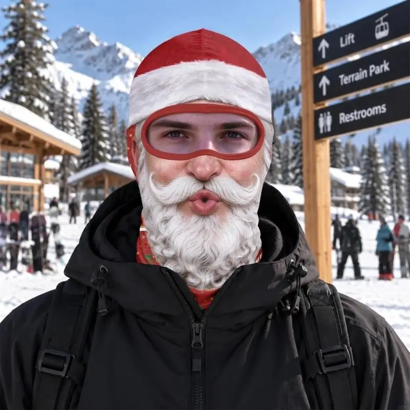 Santa Balaclava with Red-and-White Printed Character Face, Eye and Mouth Openings for Cold Weather Christmas Outings D7YA