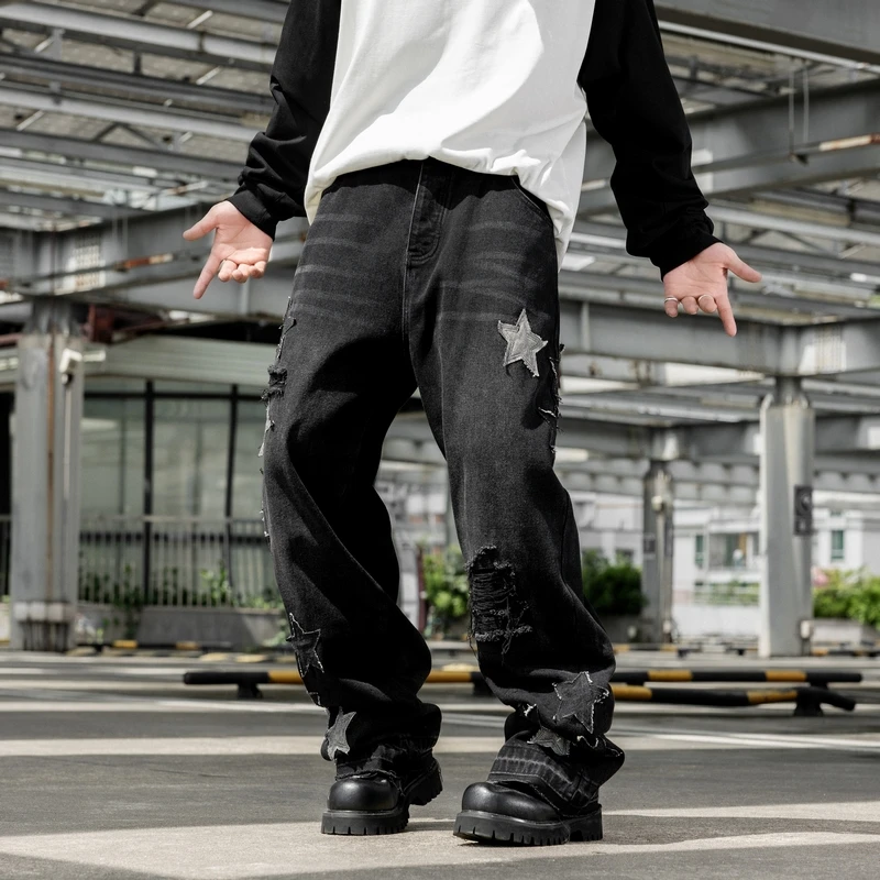 YY18444 جديد شارع العليا شخصية باريس الاتجاه العلامة التجارية الخماسي المطرزة الحرفية فضفاضة مستقيم الساق واسعة الساق الجينز