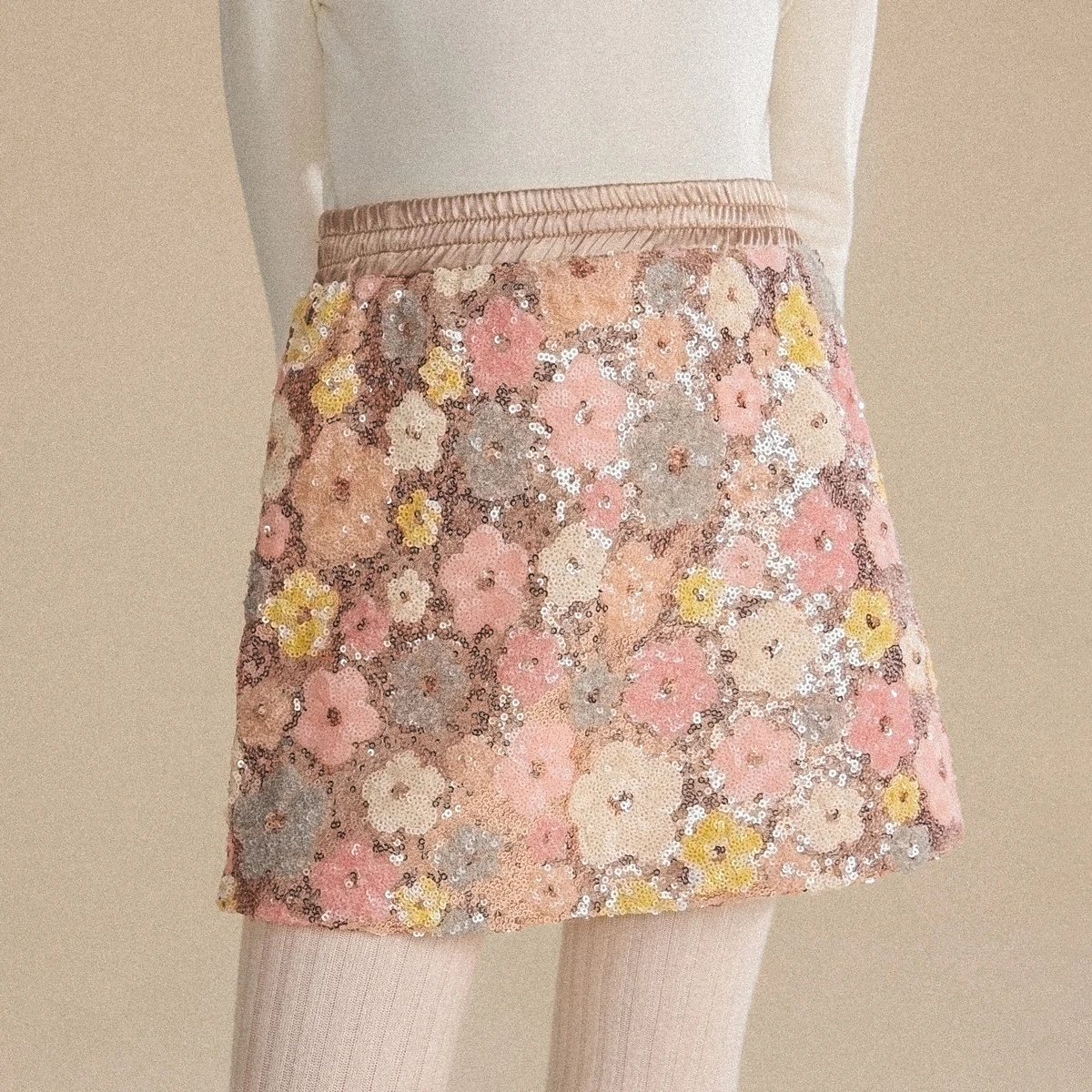 Girls Fleece Lined Skirt – Floral Sequin Embellished Mini Skirt for Fall Winter, Warm Party Outfit for Toddler Kids