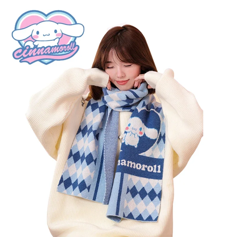 Sanrio Cinnamoroll Knitted Scarf Cartoon Cute Diamond Scarf Fashion Windproof Thickened Warm Winter Women\'s Shawls Scarves Gift