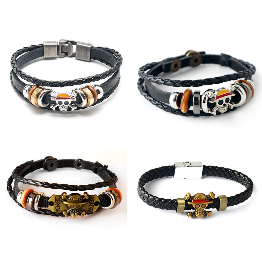 4pcs/set Anime PU Luffy Bracelet Cosplay Props Straw Hat Skeleton Skull Jewelry Props Vintage Leather Bracelet Birthday Gifts