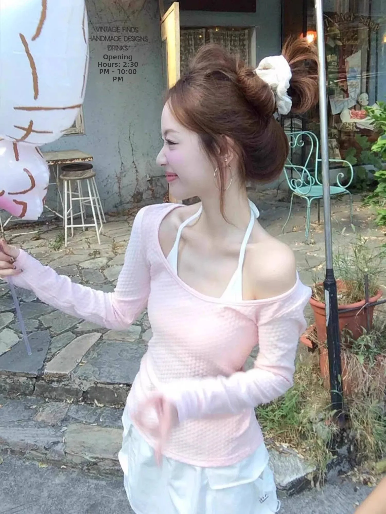 الحلو الوردي النقي طويل Sve Ne شنقا تي شيرت المرأة الربيع الصيف تصميم الإحساس oulder كلمة واحدة ضئيلة ort الأعلى #3