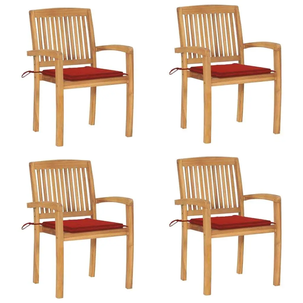 

Teak Wood Stacking Patio Chairs Set of 4 with Cushions Outdoor Garden Furniture
