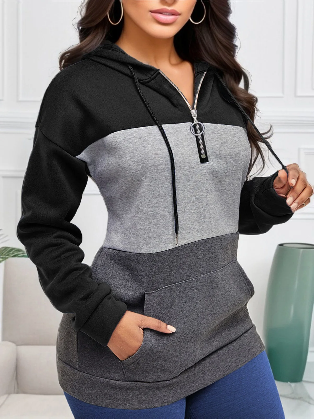 New autumn and winter long-sleeved contrast color stitching hooded zipper drawstring pullover sweatshirt