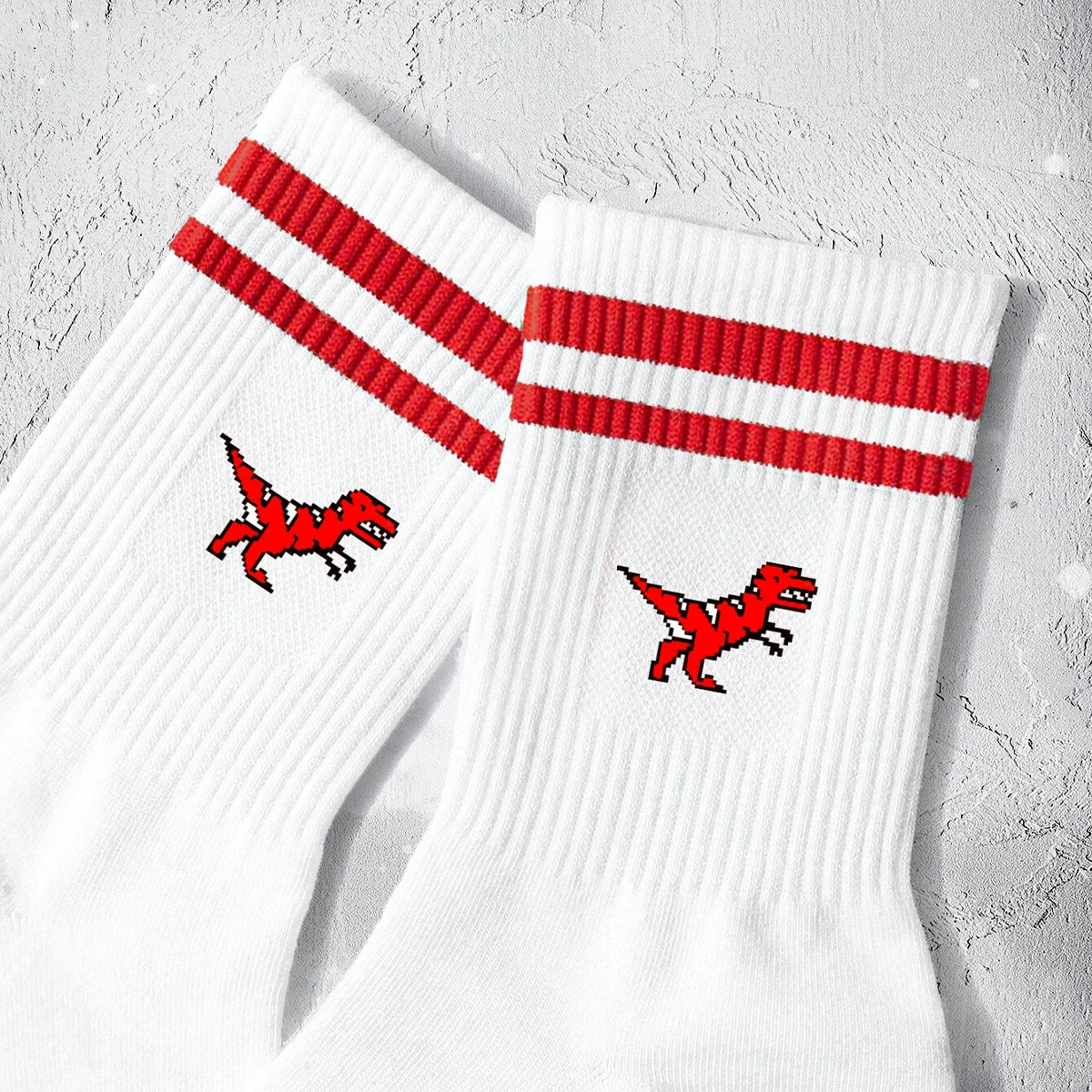 Multiple Pairs of Men\'s Crew Socks with Dinosaur Patterns, White, Unique, Comfortable, Breathable, Moisture-Wicking
