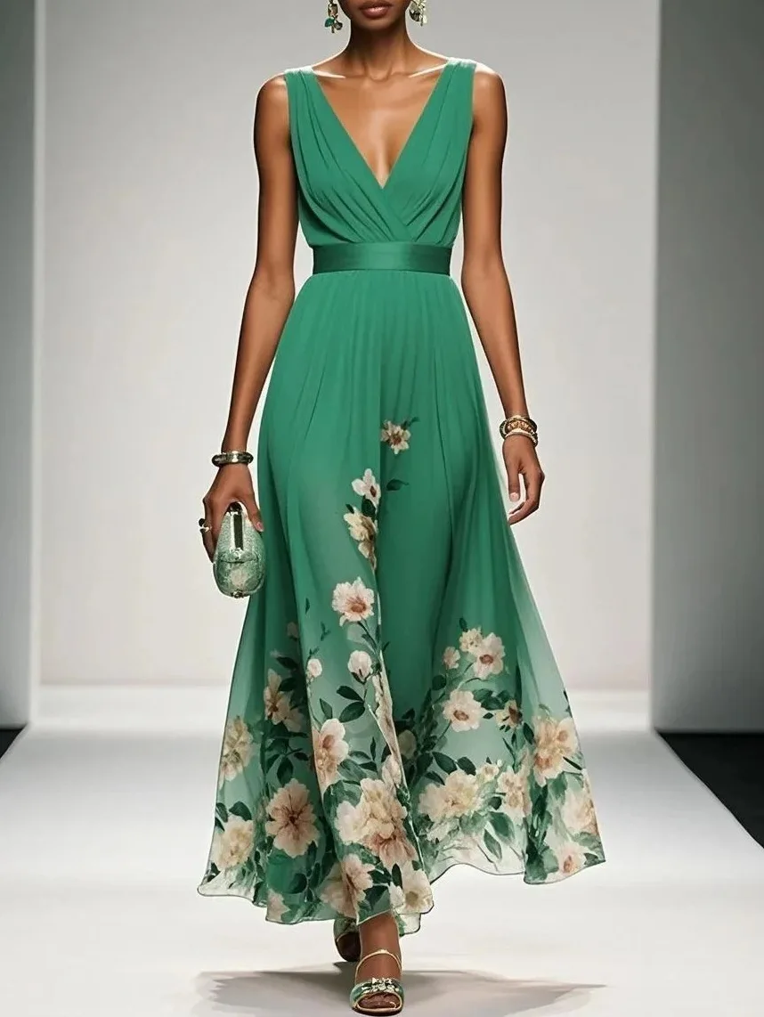 Nova moda vestidos de festa profundo decote em v floral impressão plissado sem mangas uma linha vestido de praia cintura alta verão sexy vestido feminino
