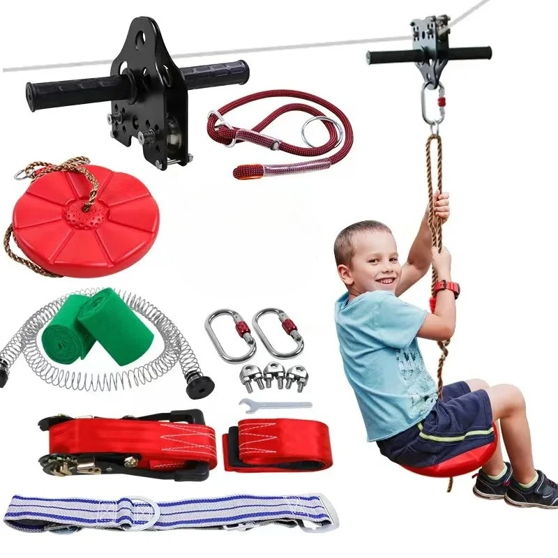 

professional Customize Kids 5mm Stainless Steel Spring Brake Seat Zip Line for Backyards /Handheld Pulley Set
