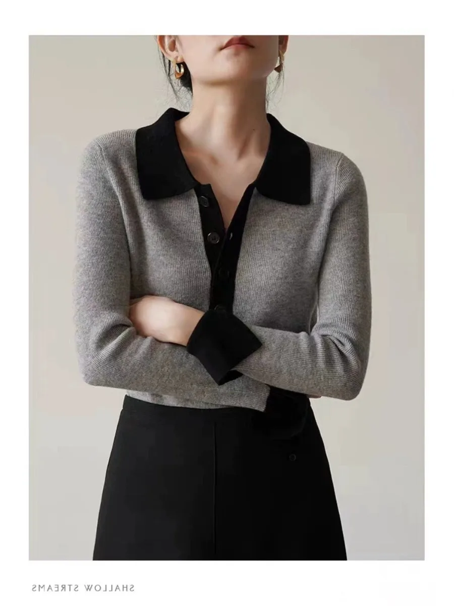 Temperament slim cashmere sweater women\'s POLO collar top fall new gray lapel knit bottom color sweater