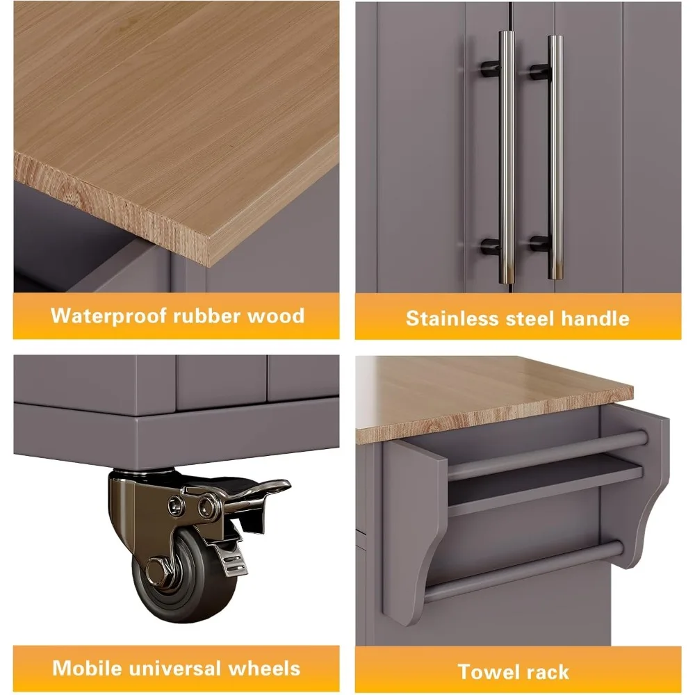 عربة جزيرة المطبخ الخشبية المتنقلة مع عجلات دوارة، وسطح منشفة، وبار توابل