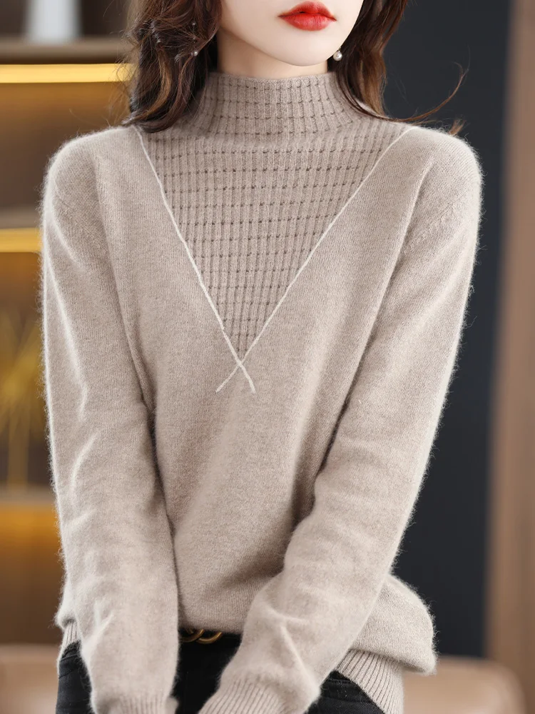 

Women's 100% Pure Woolen Sweater Loose Cashmere Sweater Knitted Pullover Bottom, Round Neck Half Height Bottom New Autumn Winter