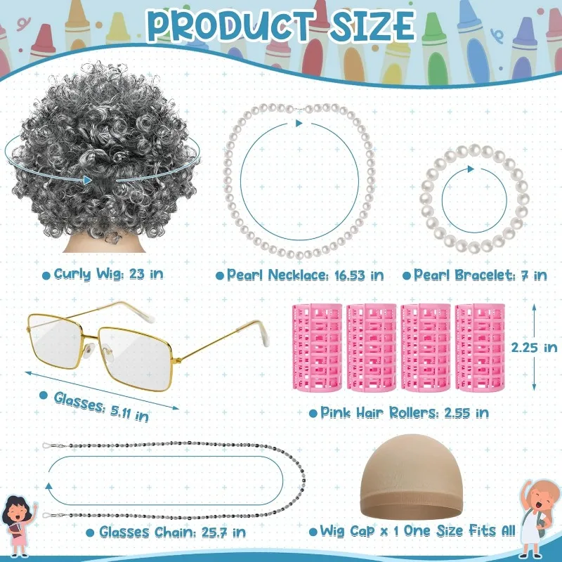 Costume da Vecchia Signora per Bambine, Costume per 100 Giorni di Scuola per Bambini, Parrucca da Vecchia Signora, Occhiali, Cappello, Collana, Braccialetto e Accessori