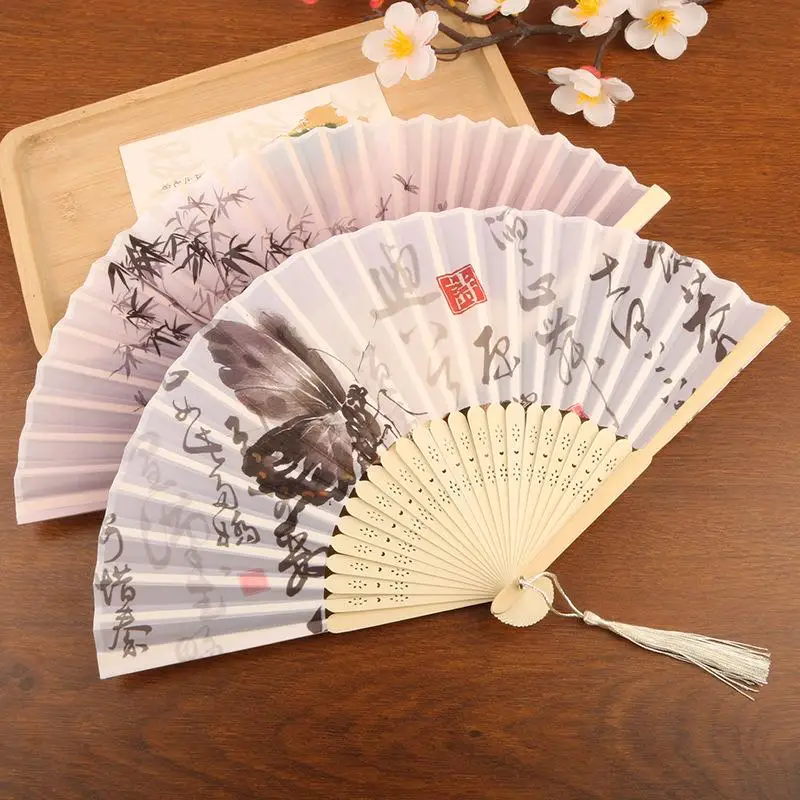 Colorful Butterfly Floral Folding Fan Chinese Traditional Handheld Fan with Tassel for Summer Outdoor Cooling Travel