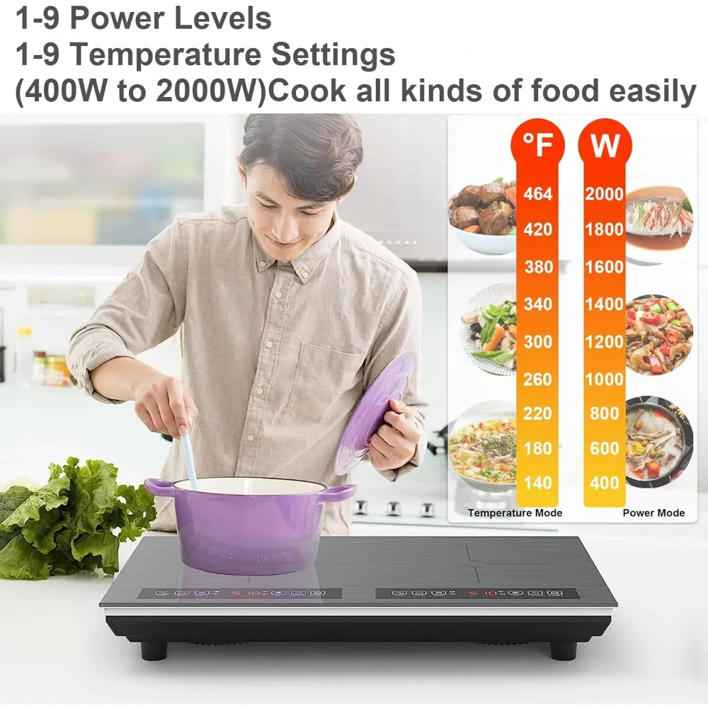 Double Induction Cooktop 110v,4000W 24 inch Electric Cooktop 9 and Power Levels,Safety Lock,Portable Induction Cooktop