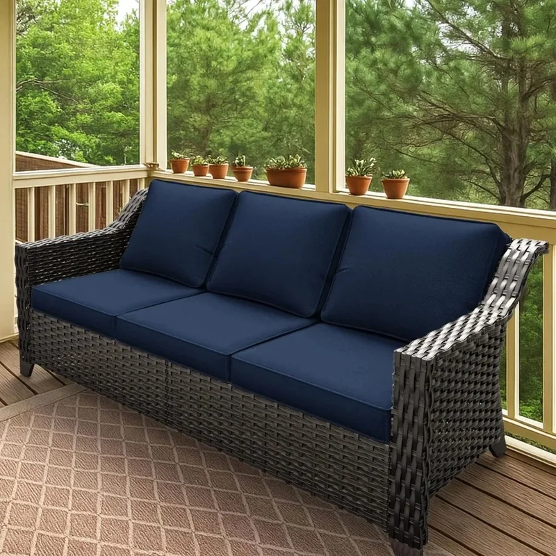 

77" Outdoor Rattan Wicker Sofa, All-Weather Patio 3-Seat Couch with High Back and Premium Cushions for Garden and Porch