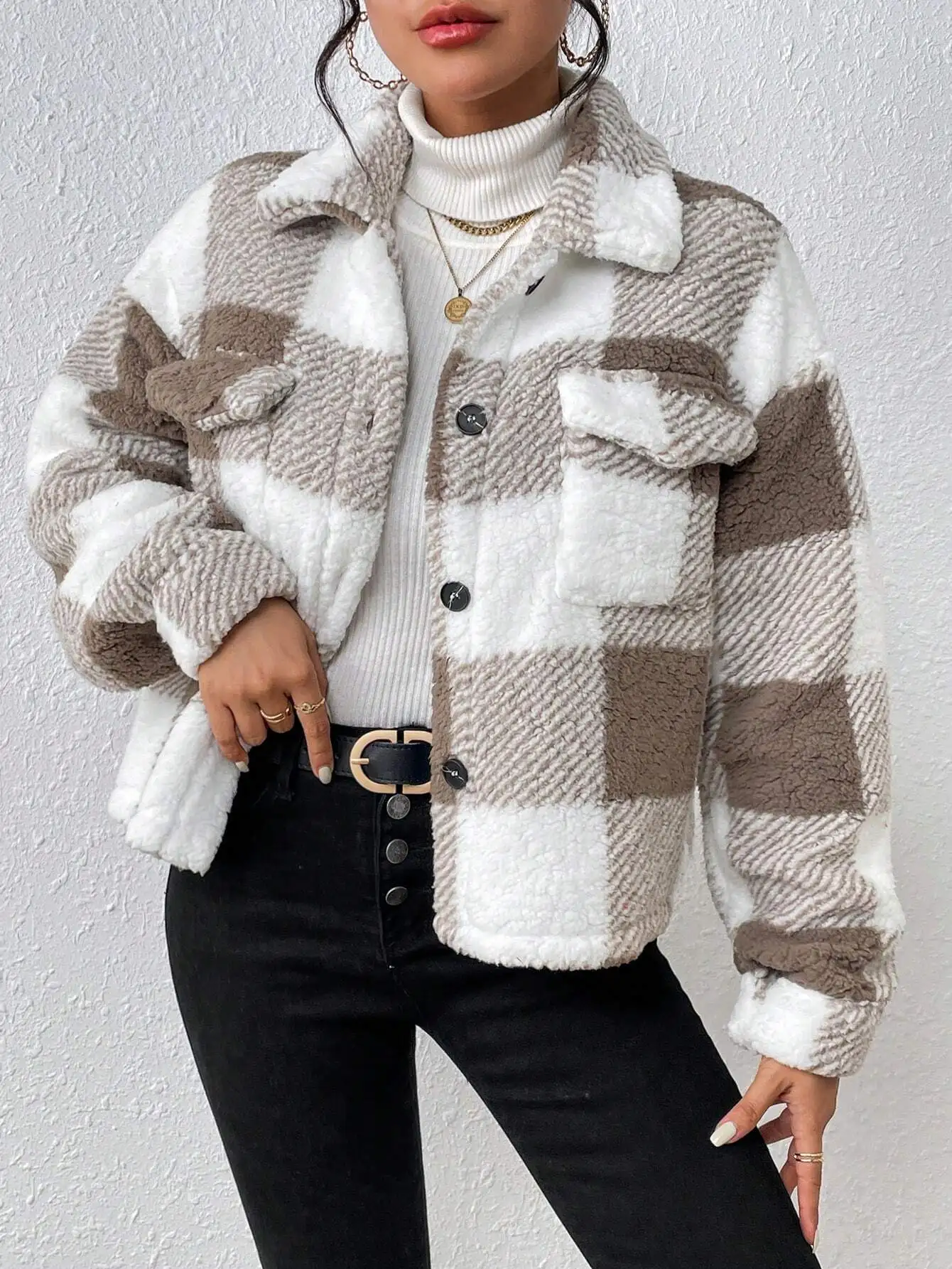 

Женская зимняя куртка из овечьей шерсти в клетку – с передними карманами, теплая короткая куртка для женщин на осень