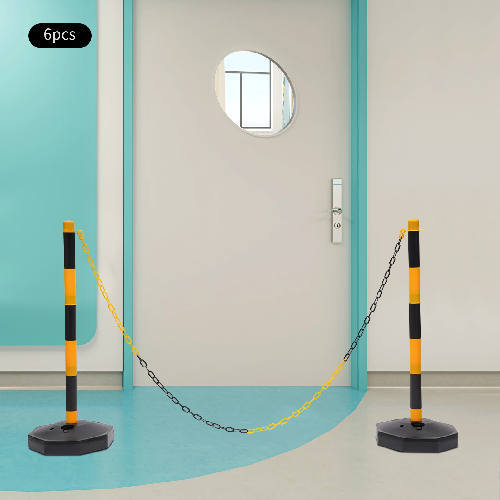 6 Pack Yellow Black Traffic Cones Fillable Base Delineator Post,Street Stanchions Construction Barrier Parking Chain Railing