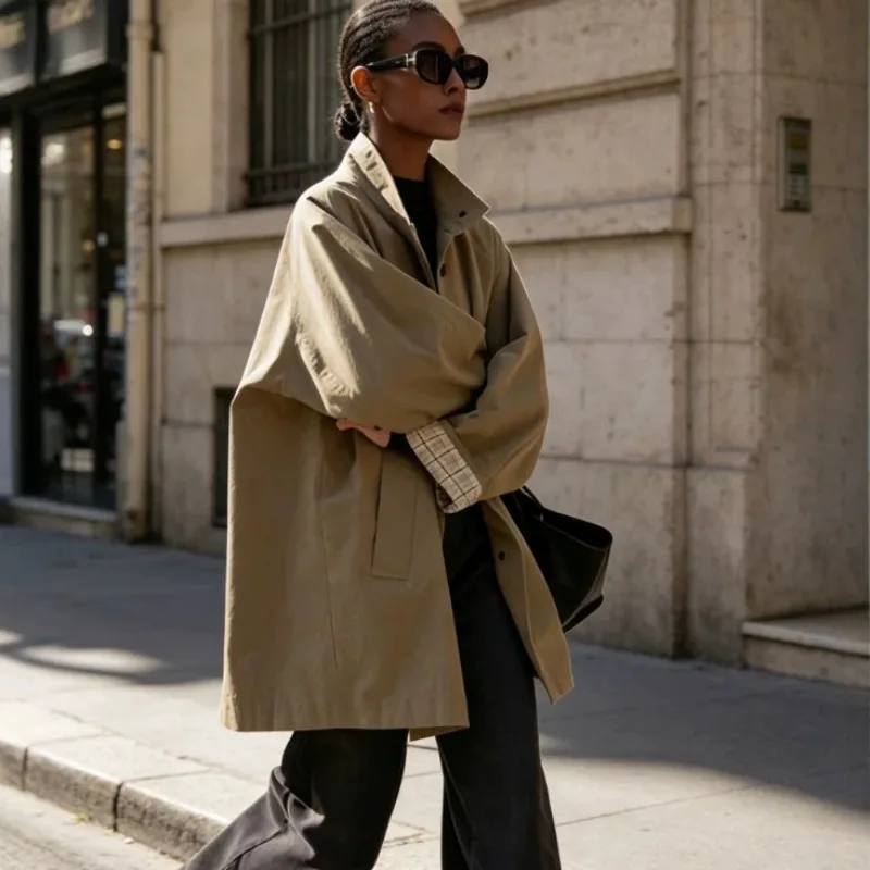 SuperAen 2026 Spring and Autumn New Fashion Standing Collar Design Coat Women Oversize Mid-length Casual Coats