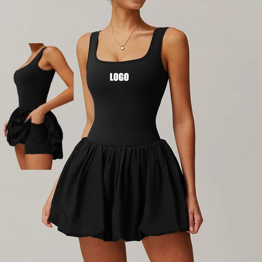 Custom LOGO women's nude fake two-piece sports dress anti-light inner pocket running fitness tennis skirt