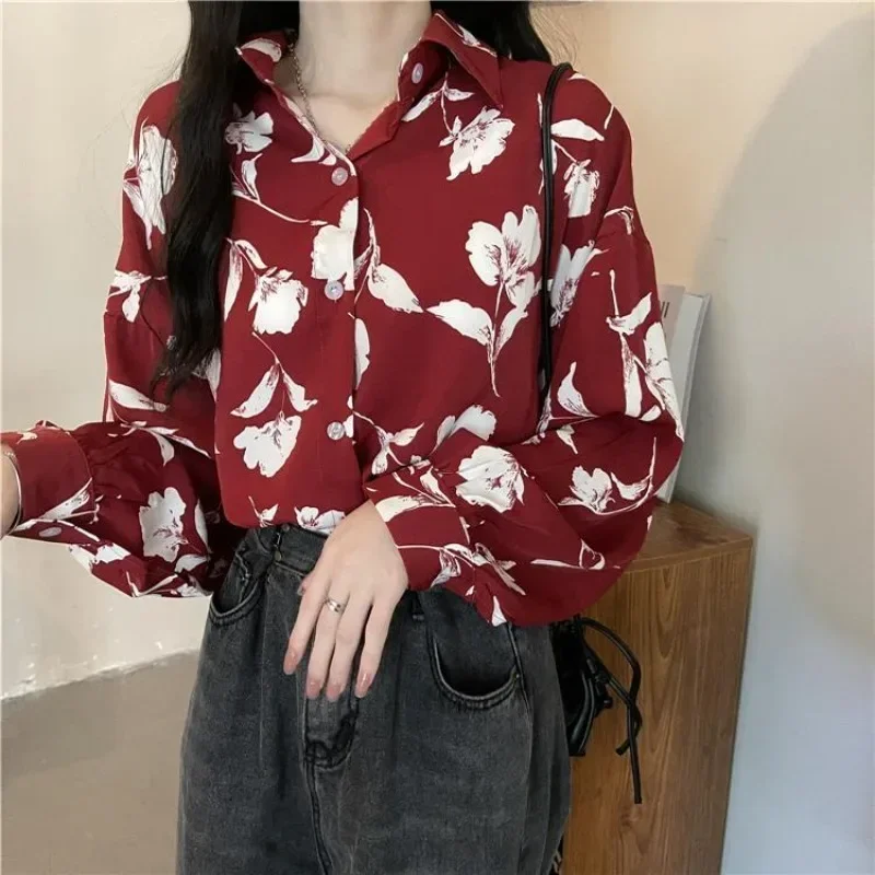 DAYIFUN Red Printed Floral Female's Shirts Single Breasted Women's Long Sleeved Shirt Loose Turn-down Collar Vitange Blouses