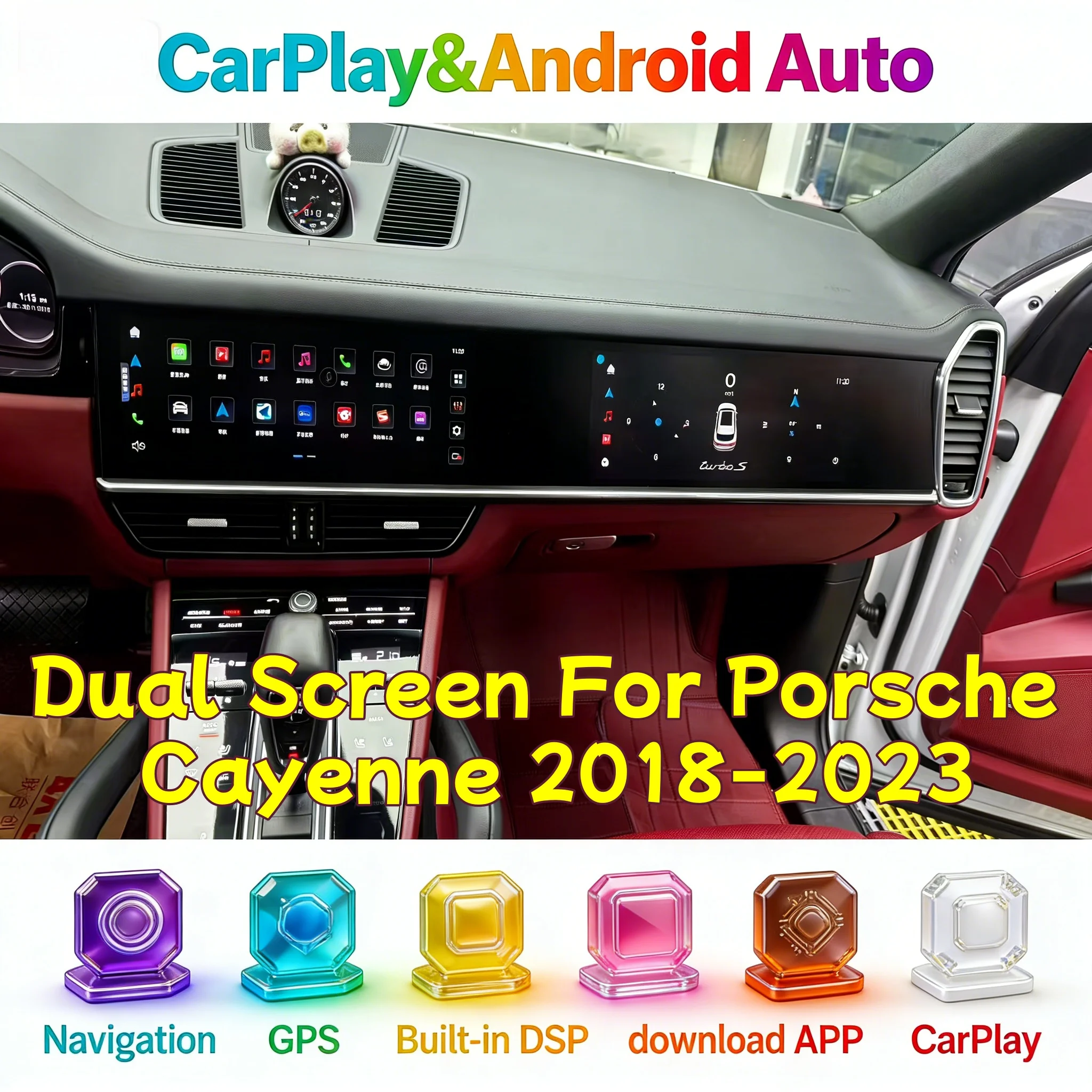 12.3+12.3 inch Multimedia Radio CarPlay Video Player For Porsche Cayenne 2018-2023 Android Auto GPS Navigation Head Unit Stereo