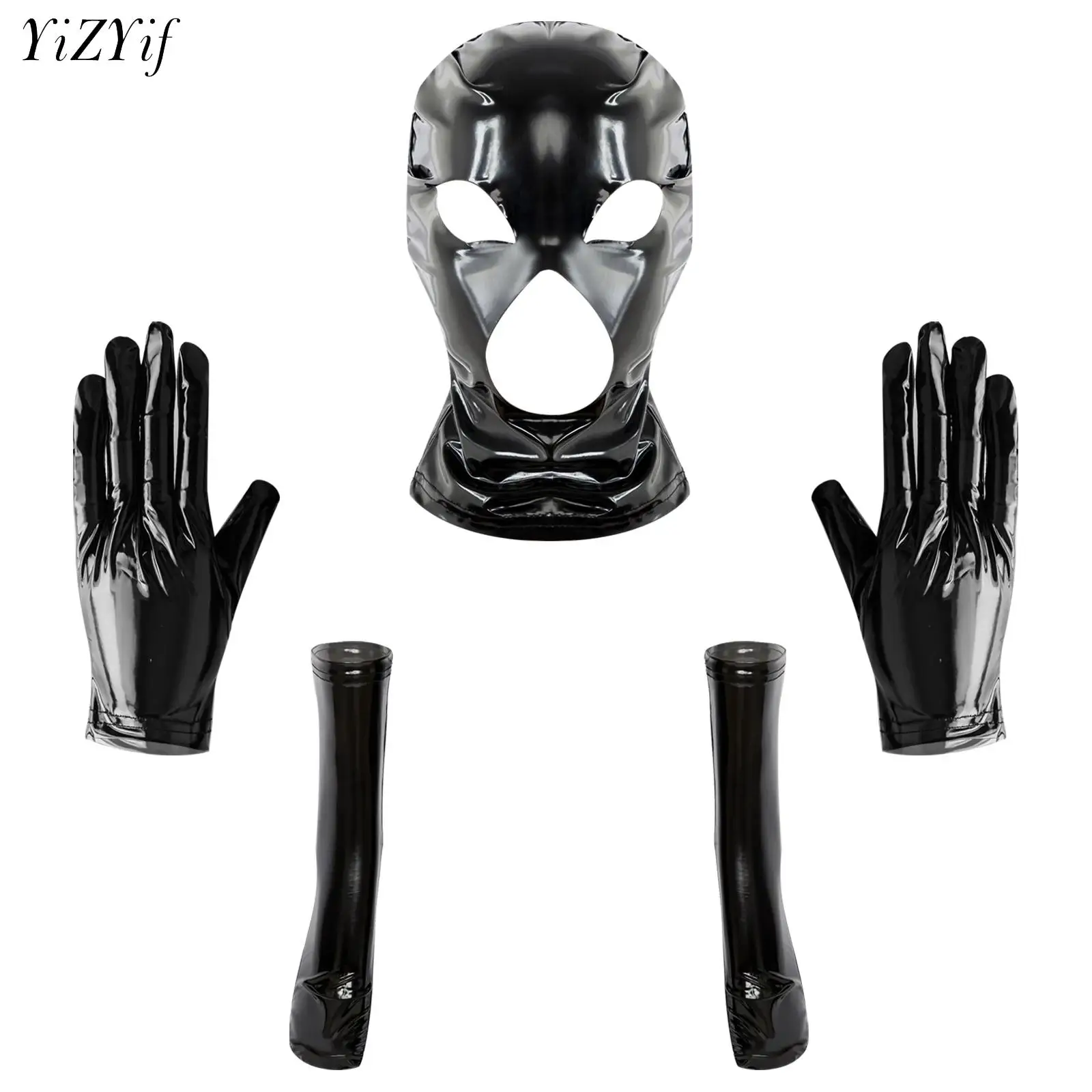 Latex Hood Mask Leather Gloves and Socks 3pcs Set for Nightclub Men Women Party and Ball Cosplay  Novelty Costumes Accessories