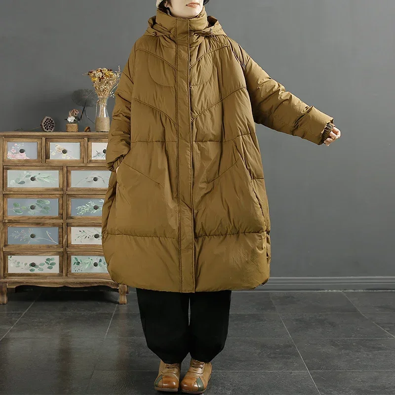 New Women Down Jacket Casual Loose Over Size Autumn Winter Long Outwear with Hood Warm White Duck Down Thick Coat 2024 New