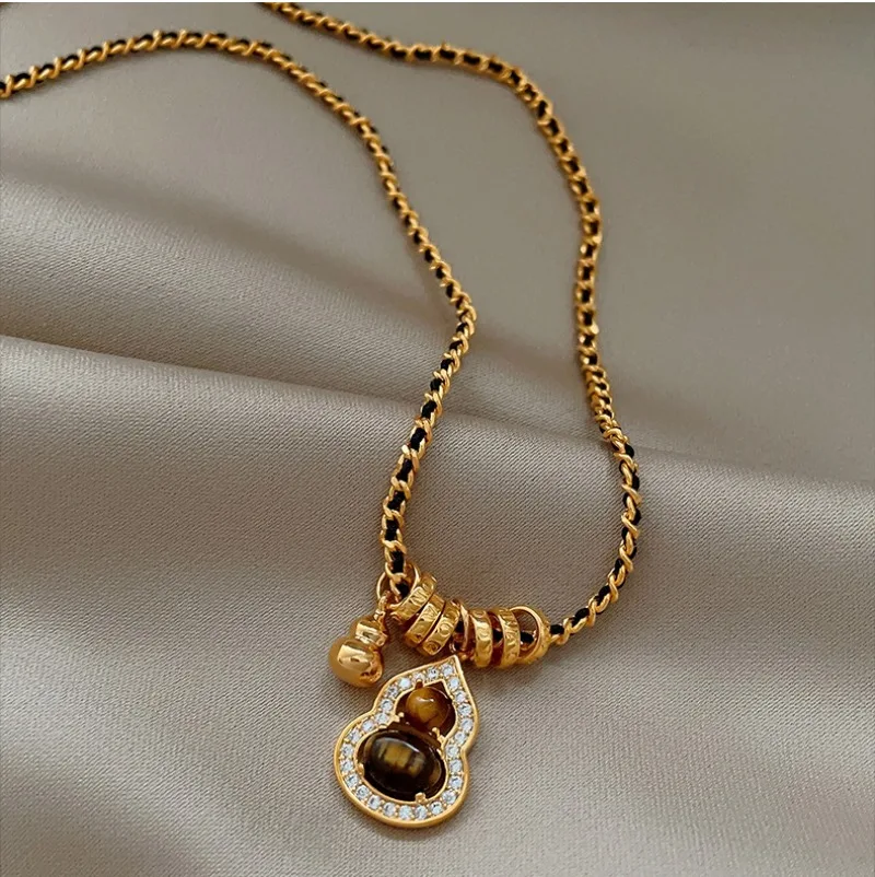 

Minar Chinese Style CZ Cubic Zirconia Natural Stone Tiger Eyes Bottle Gourd Pendant Necklaces for Women Twist Rope Chain Chokers