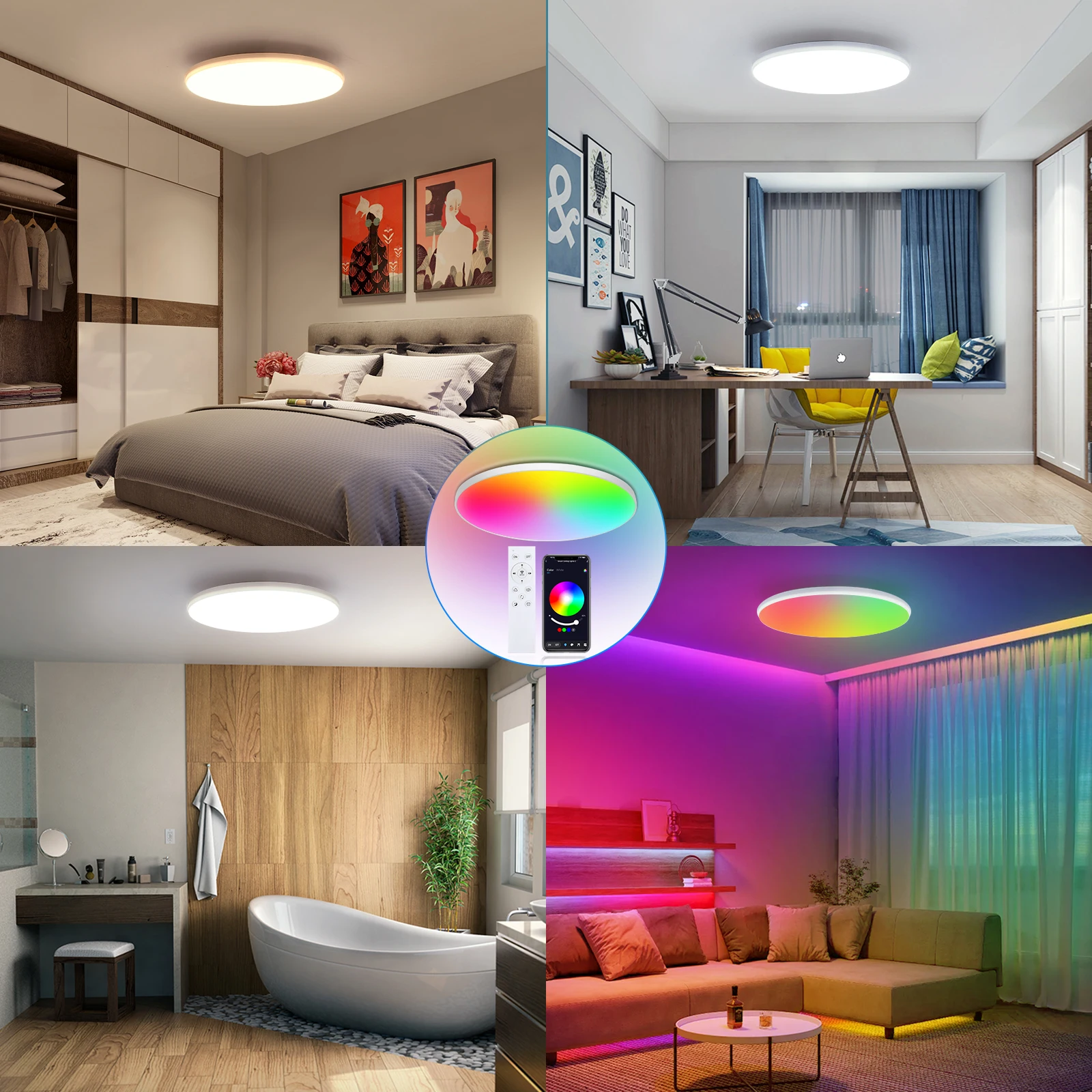 2 Pack 24W RGB LED Ceiling Lights, Dimmable with Remote & App, 16M Colors, 2400LM, Ø30cm, for Living Room Bedroom