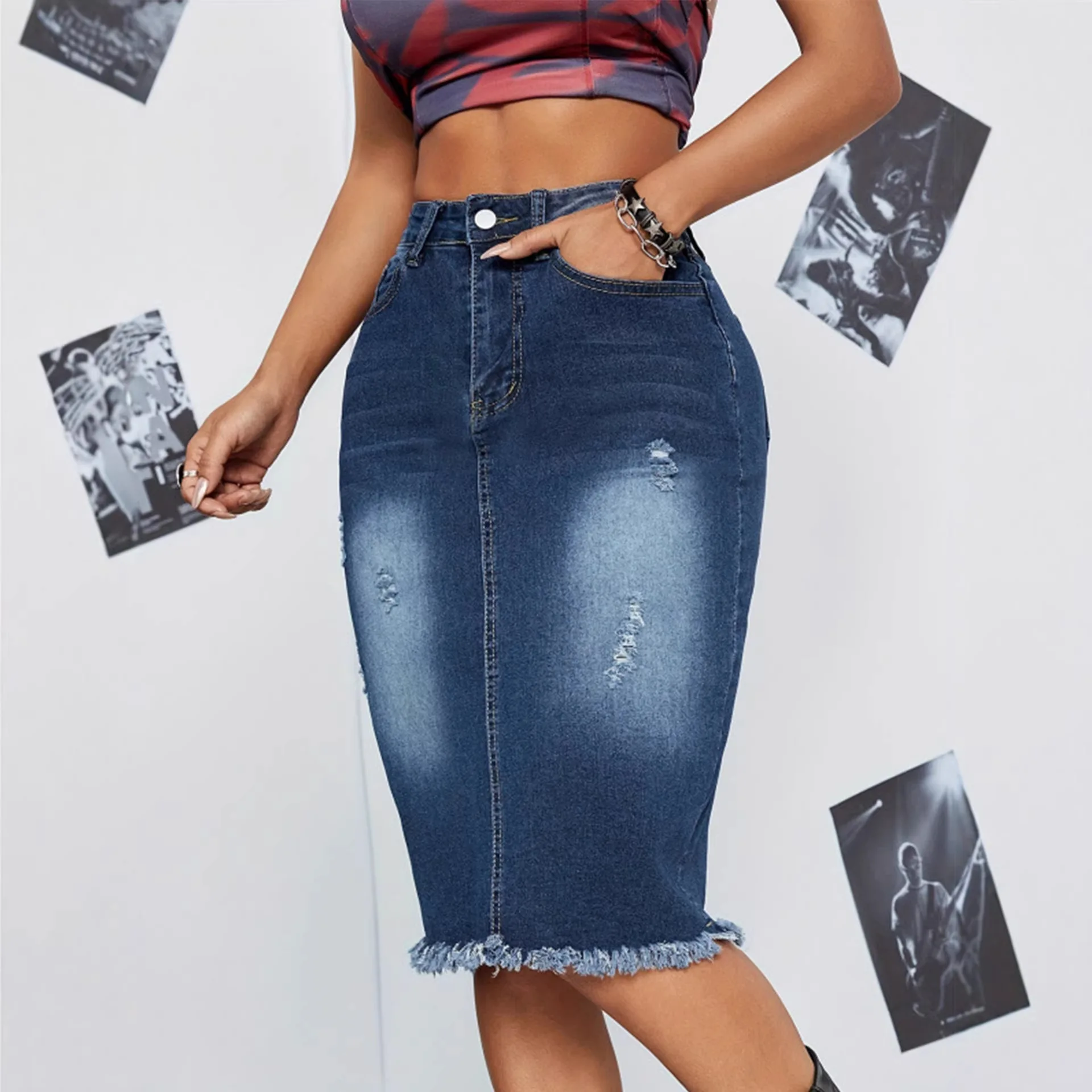 

Ummer New High Elastic Raw Edge Slim Denim Skirt for Women Fashion Skinny Jeans Hip Cover Skirt Casual Ladies Clothing