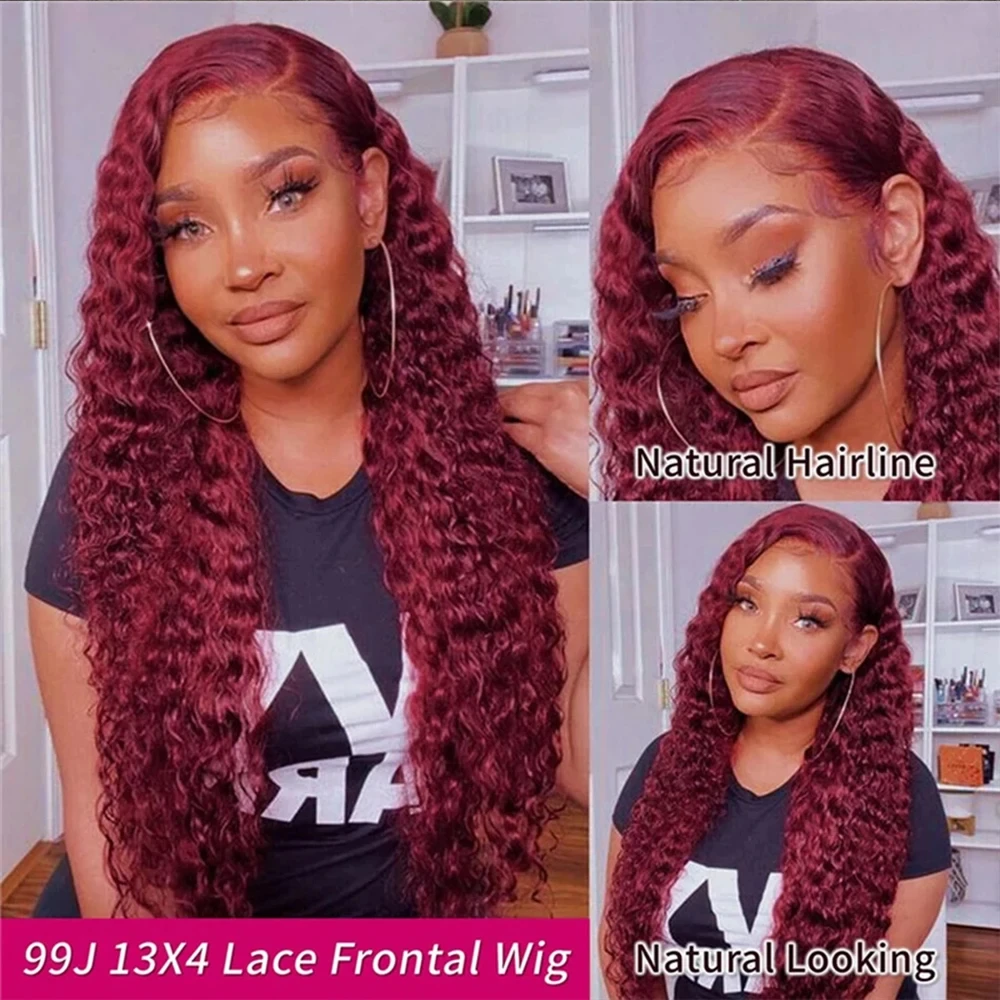 Wig renda depan 13X4 HD 99J Wig renda depan manusia merah anggur keriting putih 99J Wig rambut manusia berwarna prepped