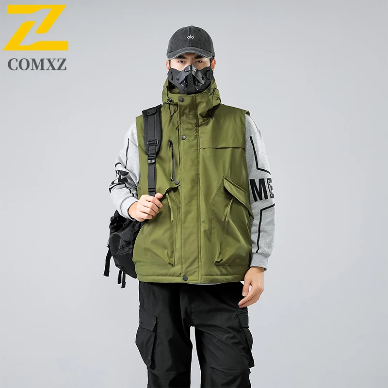 

2025 New Hooded Men's Vest Loose Cotton Windproof and Warm Function Sleeveless Jacket Outdoor Camping and Mountaineering Vest
