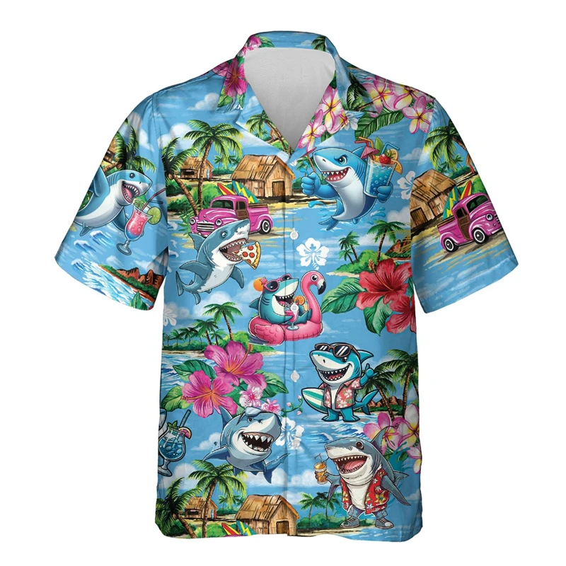 

Horror Shark 3D Printed Shirts For Men Clothes Vintage Hip Hop Male Streetwear Funny Animal Short Sleeve Sea Animal Lapel Blouse