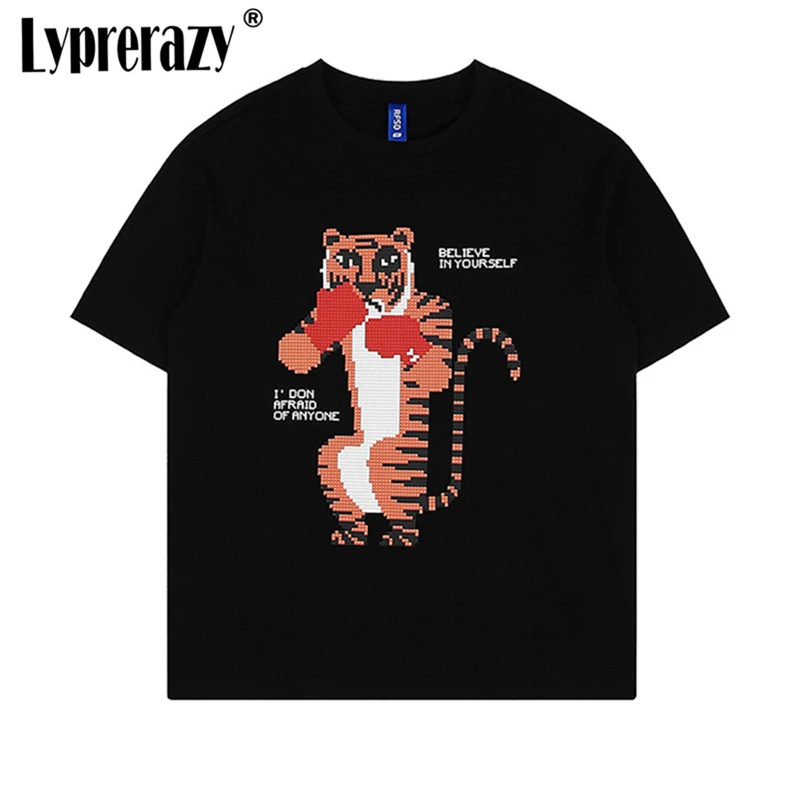 Lyprerazy Summer Tide Brand Funny Cartoon Tiger Print Men T-shirt Short-sleeved Loose Cotton Tops Tees