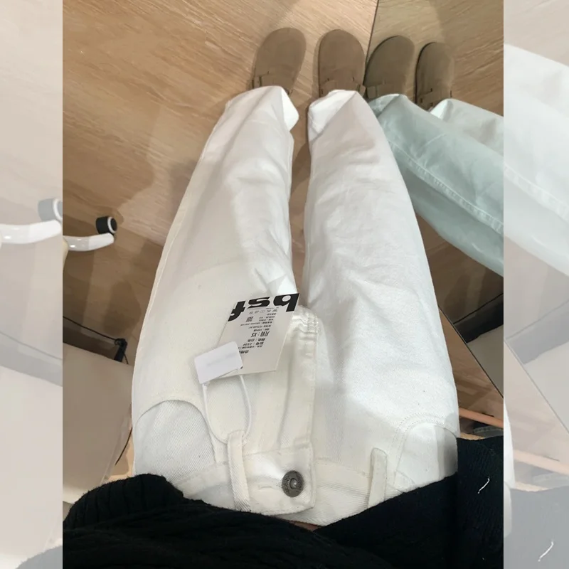 

Early Autumn High Waist Wide Leg Straight Cut Jeans Women's Loose Slimming Non-Lightweight Floor-Length Cotton Stretch Denim