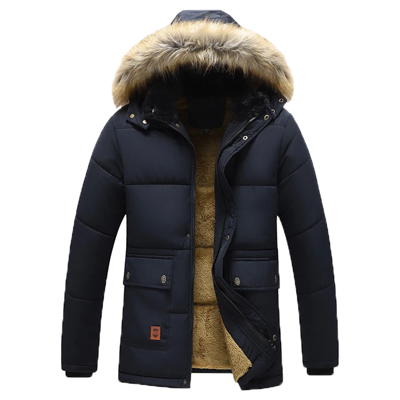 New Casual Men Winter Parka Fleece Lined Thick Warm Hooded Fur Collar Coat Male Size 5XL Plush Jacket  Work Outwearing Black