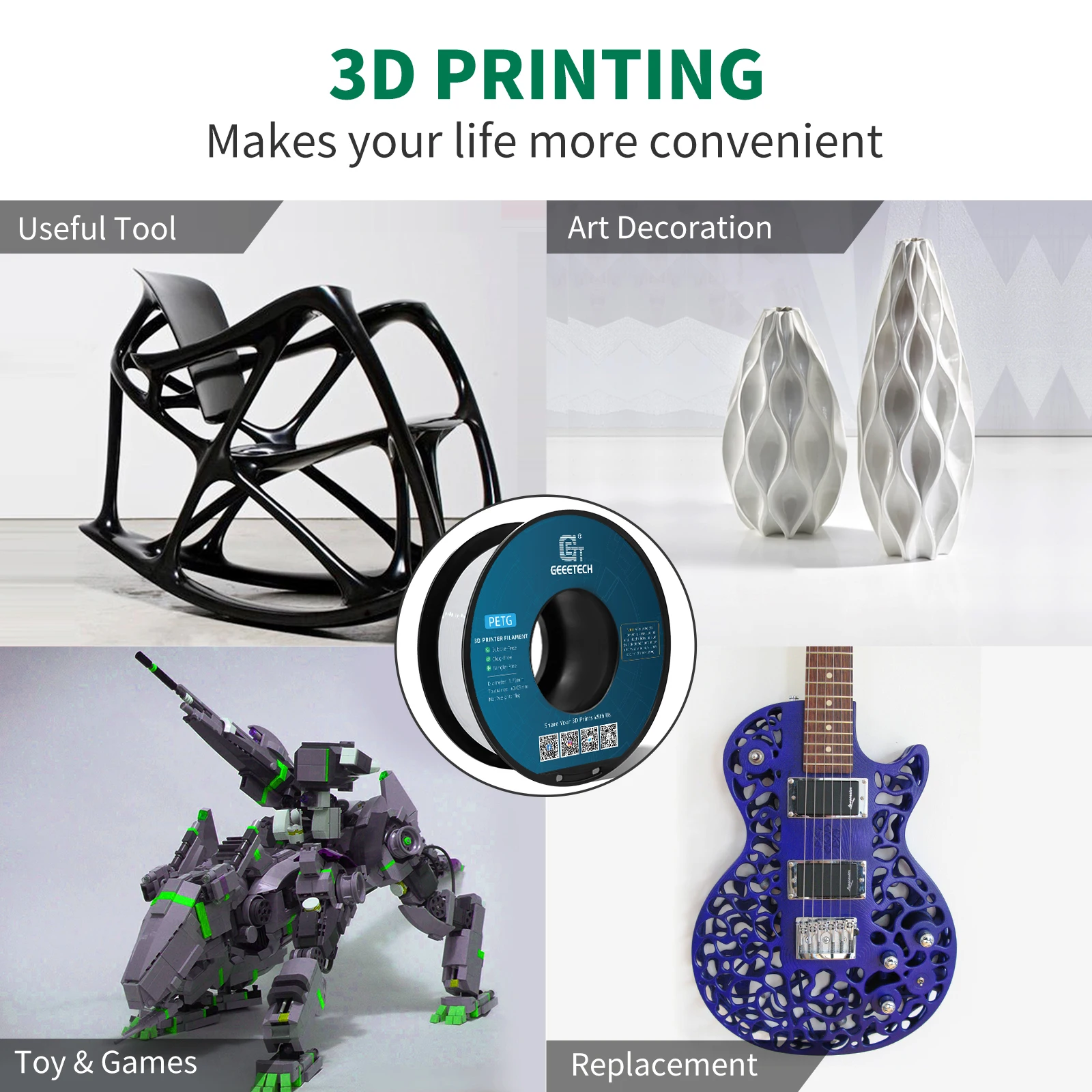 Geeetech, filament PETG o gramaturze 5 kg, średnica 1,75 mm, do drukarek 3D FDM, druk 3D, pakowane próżniowo, dostępne w lokalnych magazynach, kolorowe tworzywa sztuczne. — zdjęcie produktu 3