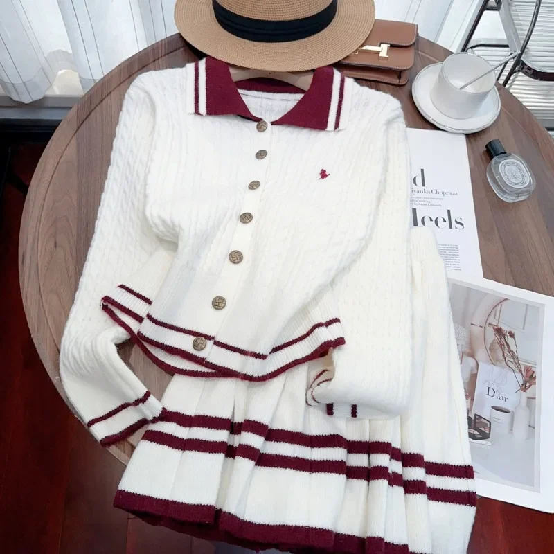 Autumn Winter Knitted Two Piece Sets Womens Outifits Office Lady Long Sleeve Knitted Cardigan Sweater + A-Line Mini Skirt Suit