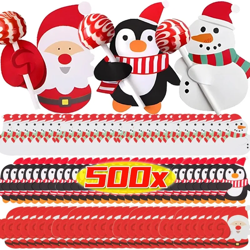 Christmas Lollipop Paper Cards Cartoon Santa Claus Penguin Snowman Kids Candy Gifts Package Wrapping New Year Party Decoration