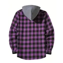 Men Warm Flannel Shirt Men's Plaid Print Hooded Shirt Coat for Daily Wear School Long Sleeves Drawstring Jacket for Fall Spring