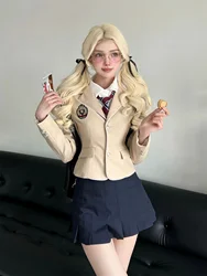 Korean Academy Style Uniform Suit Short Khaki Jacket Blazer Women's Pleated Wrap Hip Skirt American Spicy Girl Set Spring