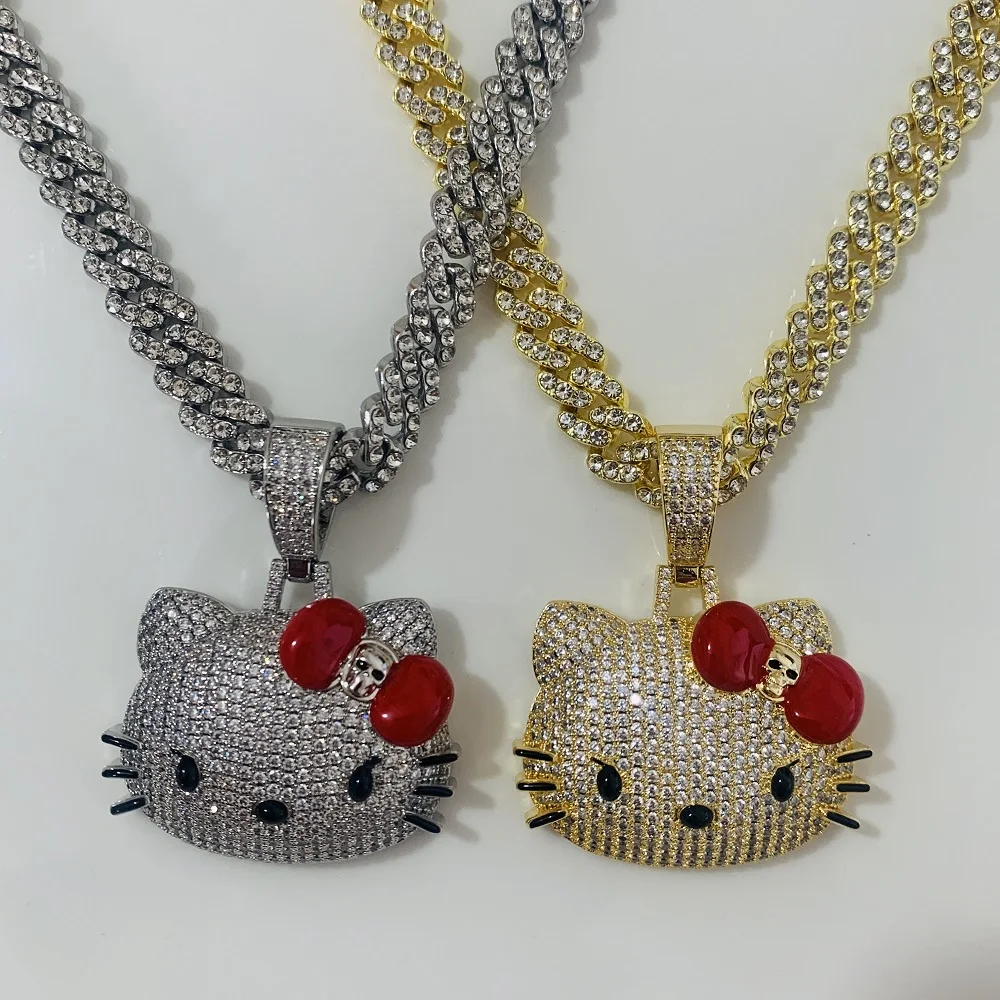 Collier avec Pendentif en Diamant Sanurgente Hello Kitty pour Fille, Bijoux Kawaii, Style Cubain, JoHip Hop, Cadeau