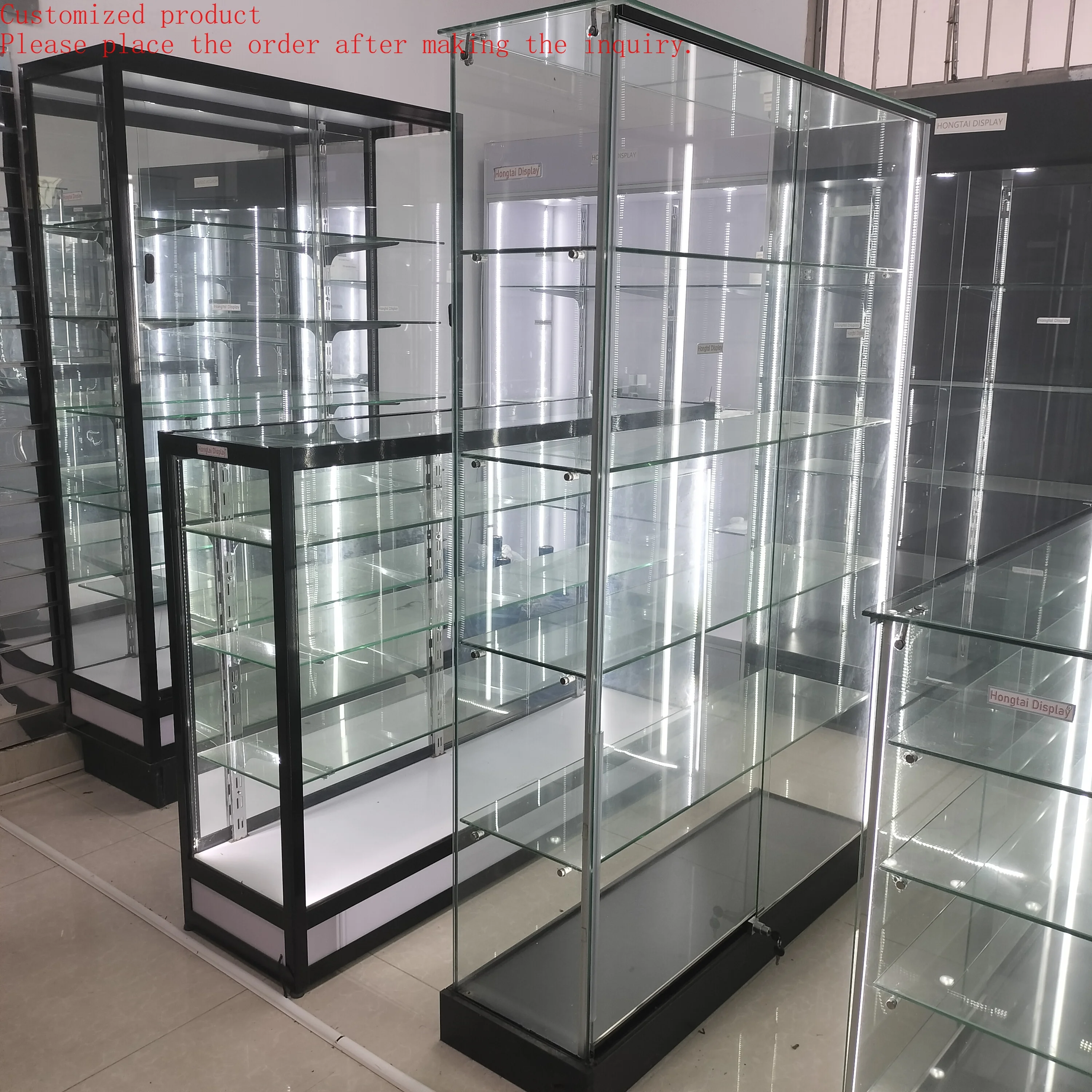 Custom.Modern Glass Display Cabinet All Tempered Glass With Led Lighting Smoke Shop Display Shop Fitting Wall Cabinet