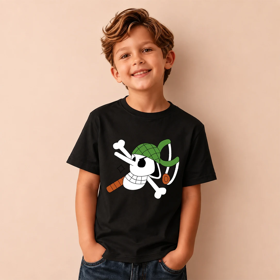 Kids T‑Shirt One Piece Usopp Pirate Skull Logo Print Short Sleeve Casual Tops Boys Girls Anime Pattern Children Daily Wear Tees