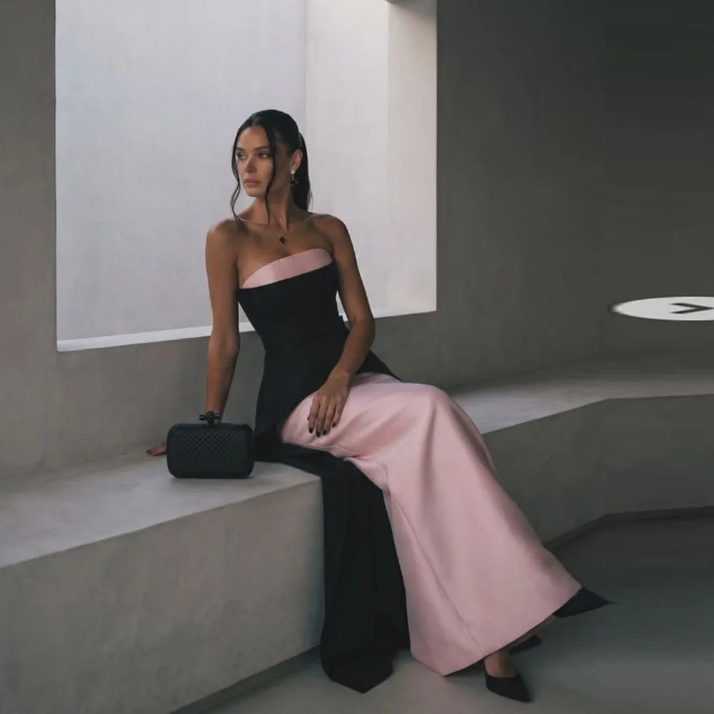 

Black and Pink Strapless Elegant Evening Dress Sleeveless Simple Elegant Mermaid Prom Gown for Woman Customized